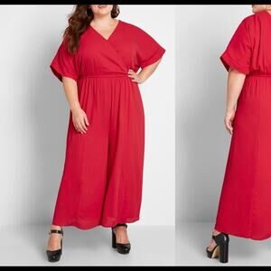 ModCloth Red Arrive & Thrive V Neck Wide Leg Batwing Jumpsuit Size 2XL